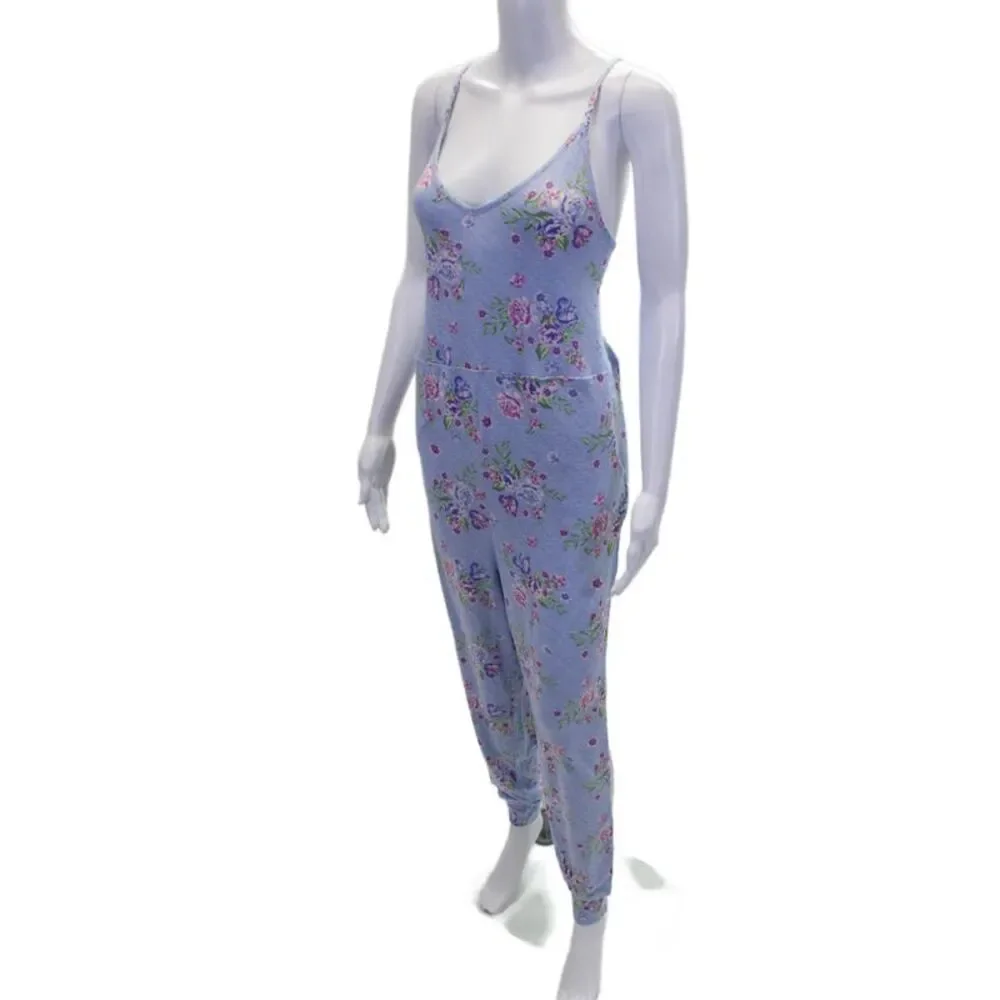 You Say Womens Floral Print Pocketed Spaghetti Strap Jumpsuit Blue Size M